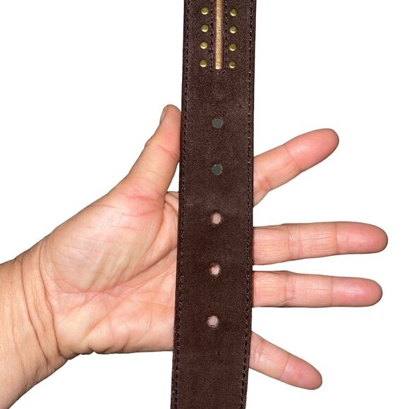 Michael Kors Belt Size Medium Brown Suede Gold Leather Trim Wide Brass Buckle - Picture 4 of 12